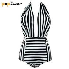 POPFAVOR цельный купальный костюм Женская одежда для плавания Глубокий V боди полосатый с открытой спиной Монокини купальные костюмы мягкая рубашка Пуш-Ап купальный костюм