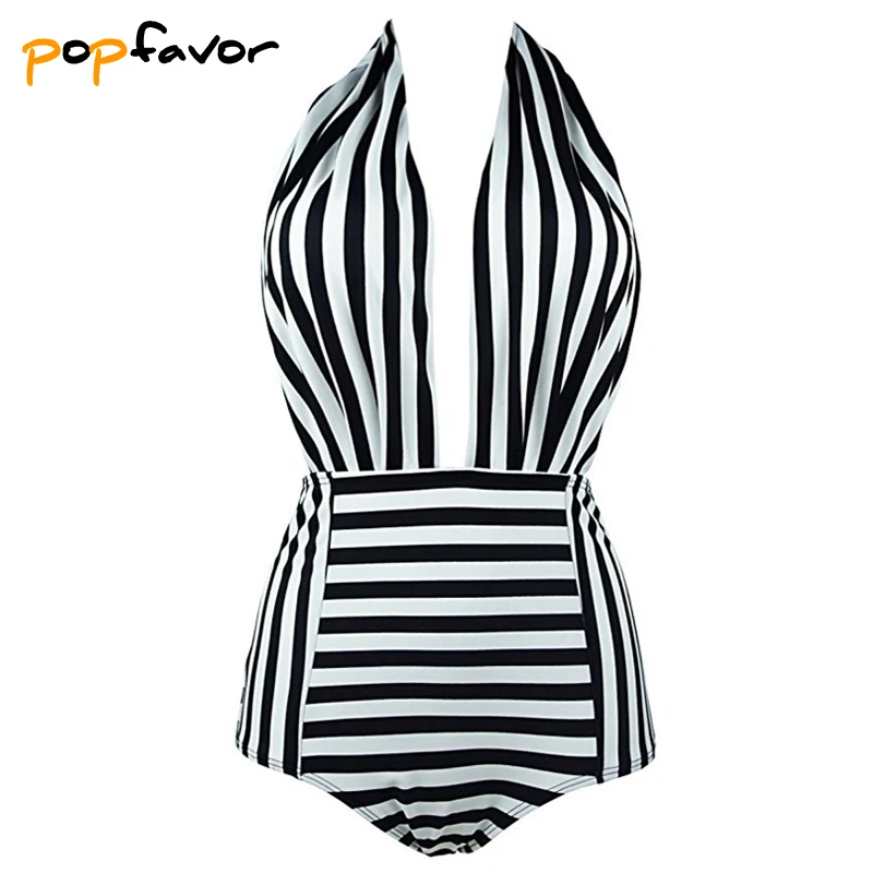

POPFAVOR One Piece Swimsuit Women Swimwear Deep V Bodysuit Striped Backless Monokini Swim Suits Padded Shirt Push Up Swimsuit