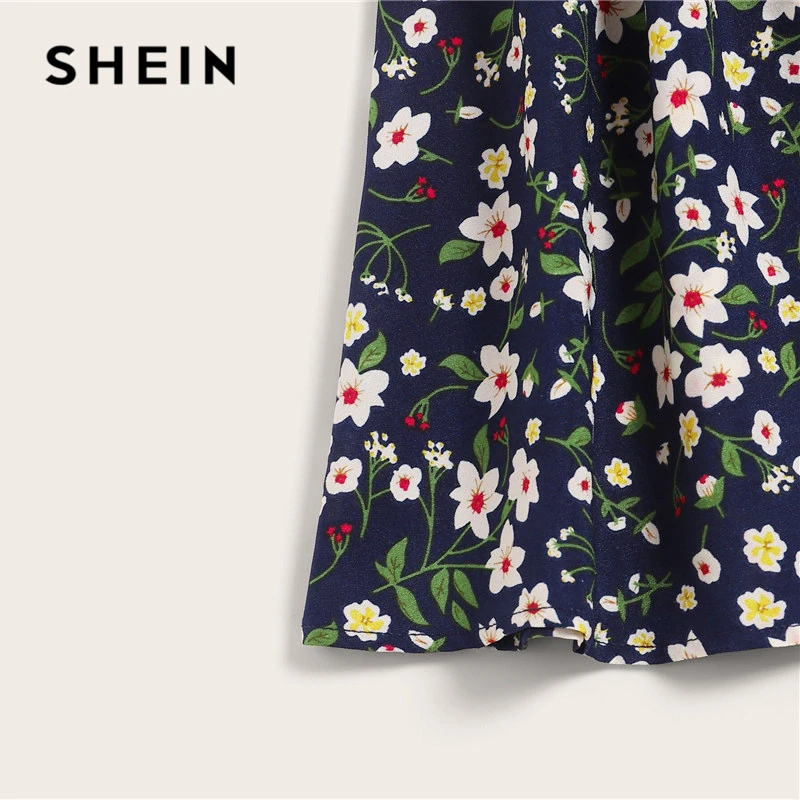 SHEIN, юбка размера плюс, темно-синяя, с цветочным принтом, на талии, с поясом,, женская летняя, Boho, трапециевидная, расклешенная, плиссированная, мини-юбка