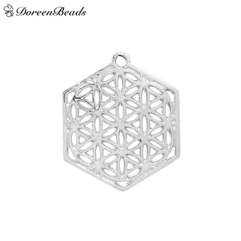 

DoreenBeads Alloy Flower Of Life Charms Hexagon dull silver color Hollow 29mm(1 1/8") x 25mm(1"), 10 PCs