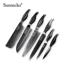 Sunnecko 6pcs Damascus Steel Knives Sets Cook Chef Meat Utility Bread Santoku Paring Cleaver Slicer Nakiri Kitchen Knife Set