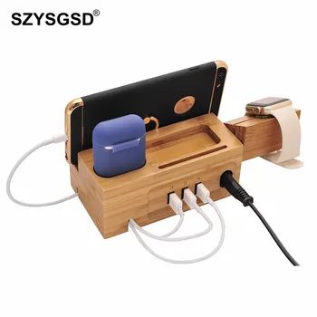 

SZYSGSD Multi-Function Bamboo Mobile Phone Holder For iPhone 8 X Wood Charging Station For Apple Watch Multi USB Charging Holder