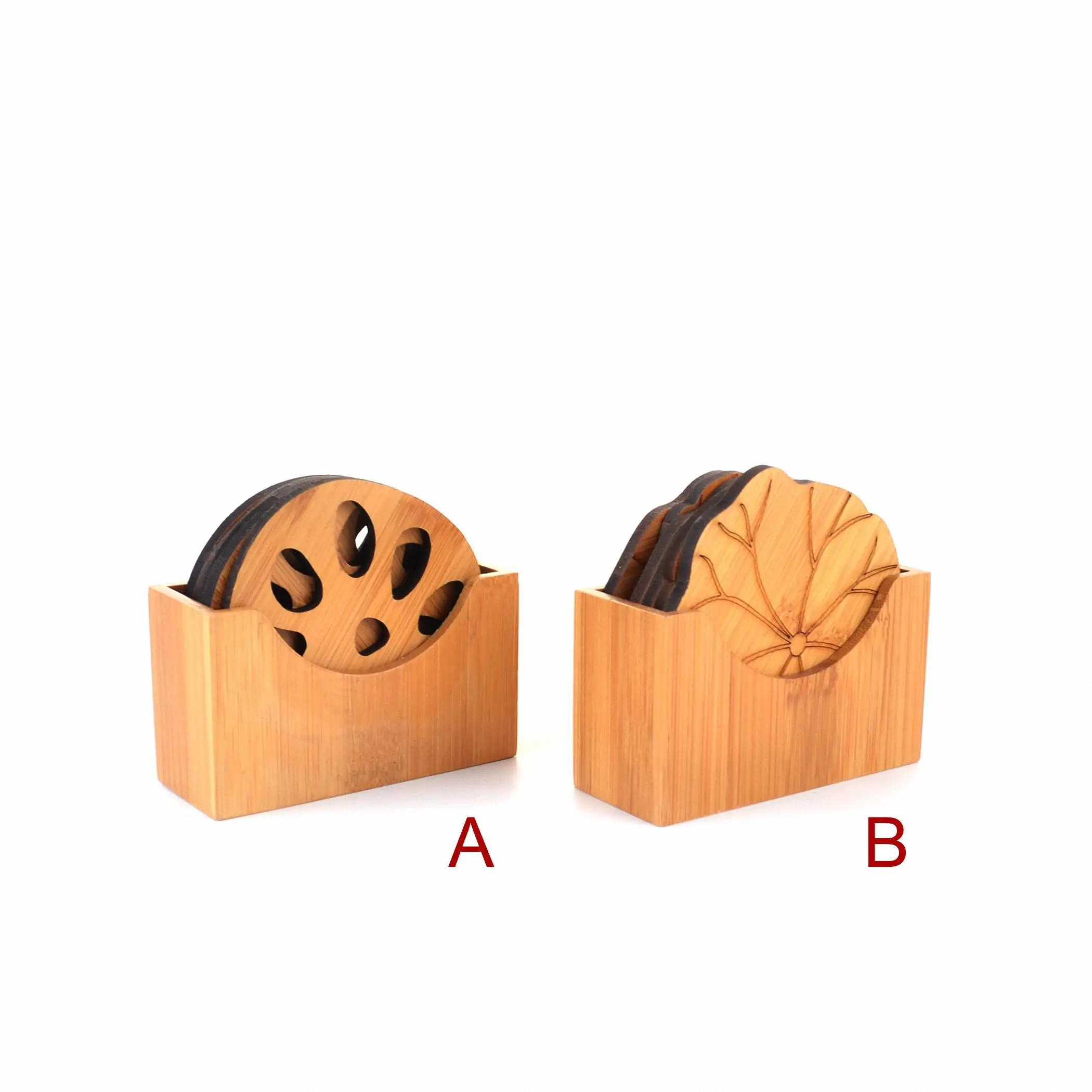  Kinds Natural Bamboo Lotus Leaf Root Shaped Round Mat Dia.80mm x 6 Pad w/ Holder Gongfu Kung fu Tea