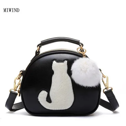 

Fashion Women Crossbody Bag For Women Handbag PU Leather Full Moon Candy Color Cute Cat With Fur Ball bolsa feminina TBB135