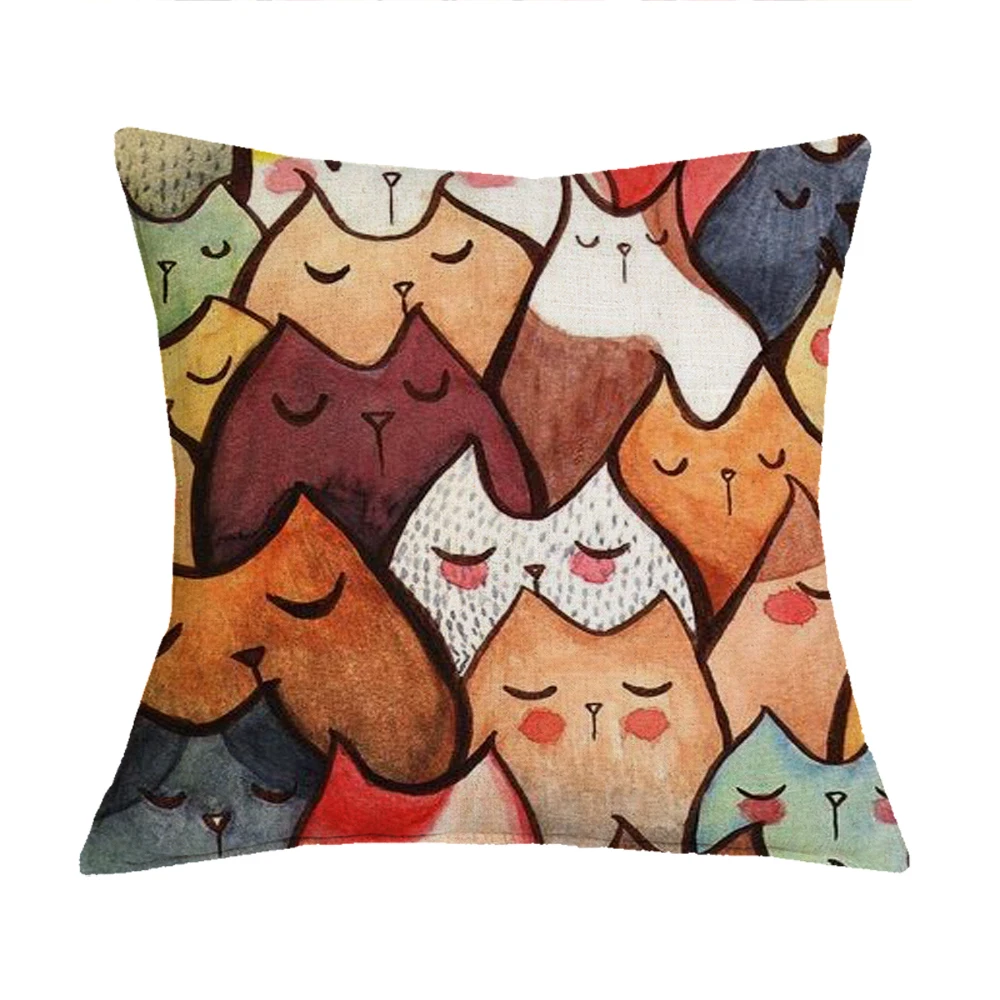 

Cute Cat Pattern Cushion Cover Linen Square Pillowcase