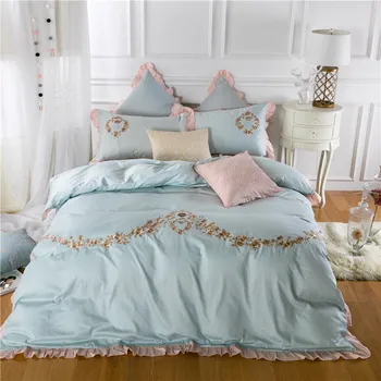 

White green embroidery bedding sets girls bed linen Egyptian cotton duvet cover bed sheet pillow case set king queen size