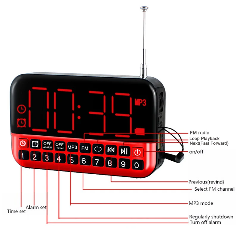 

L-80 Portable FM Radio LCD Screen Loudspeaker Digital LED Alarm Clock TF/Micro SD Card Multi-functional MP3 Music Speaker