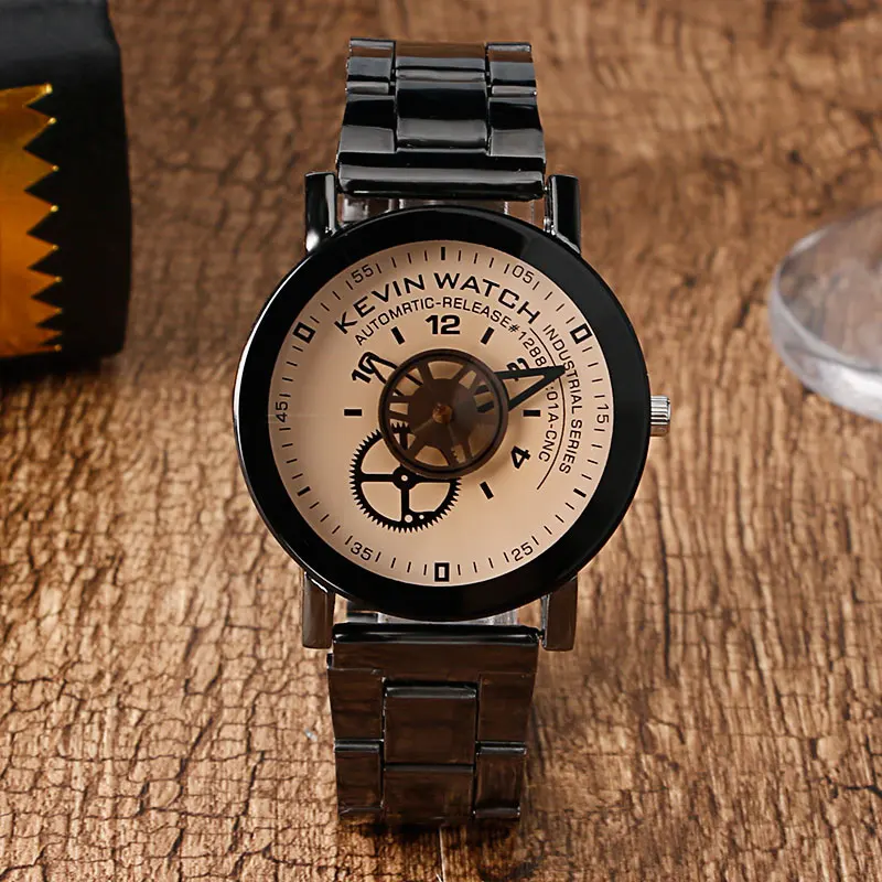 Classic Brand KEVIN Beige Gear font b Mechanical b font Dial Analog Quartz watch Stainless Steel