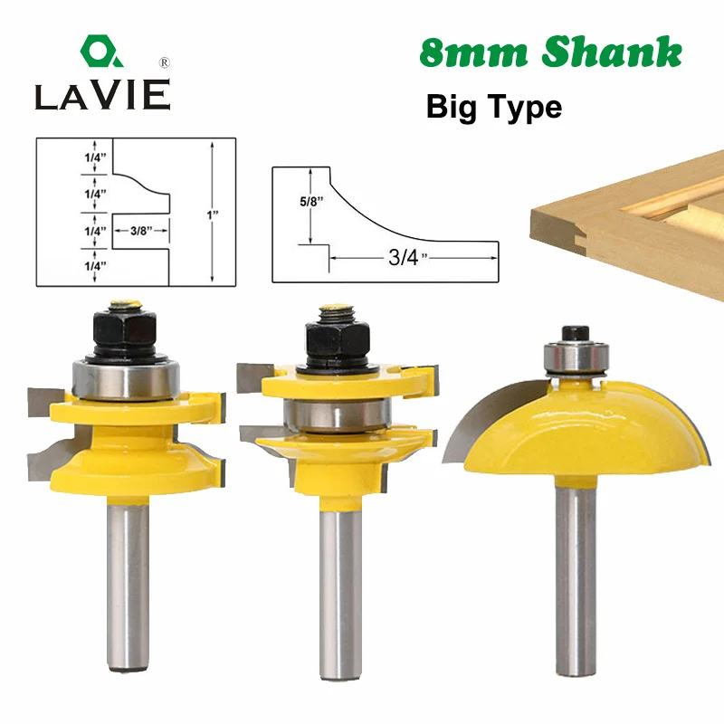 3pcs 8mm Shank Big Type Door Panel Cutters Raised Panel Router