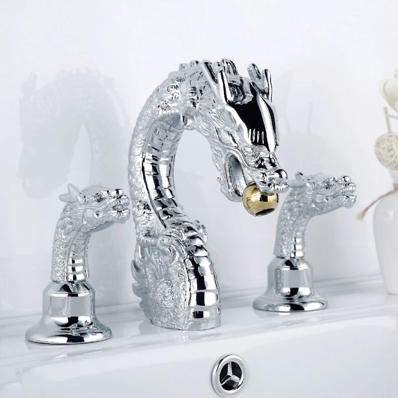 Free ship Chrome 3 Pcs WIDESPREAD LAVATORY BATHROOM SINK DRAGON FAUCET