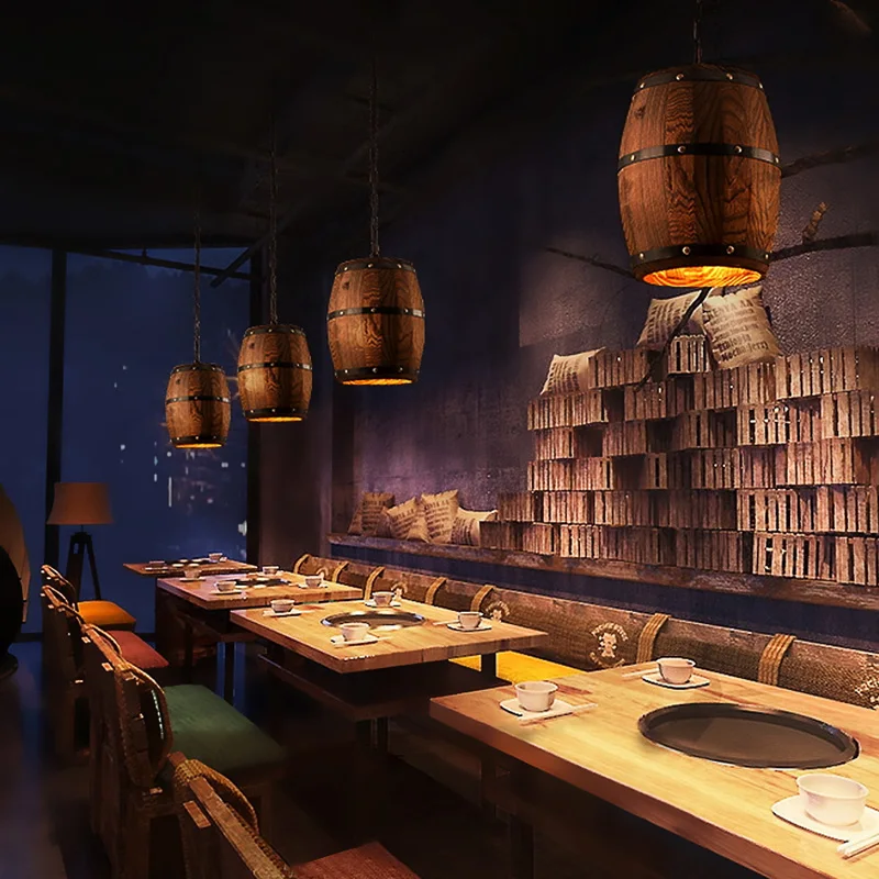 Barril de Madeira da Lâmpada do Teto Adequado para Bar Barril Vinho Pendurado Luminária Iluminação Pingente Café Luzes Atomasphere Restaurante Lâmpada 5 High Quality Luzes e Iluminação