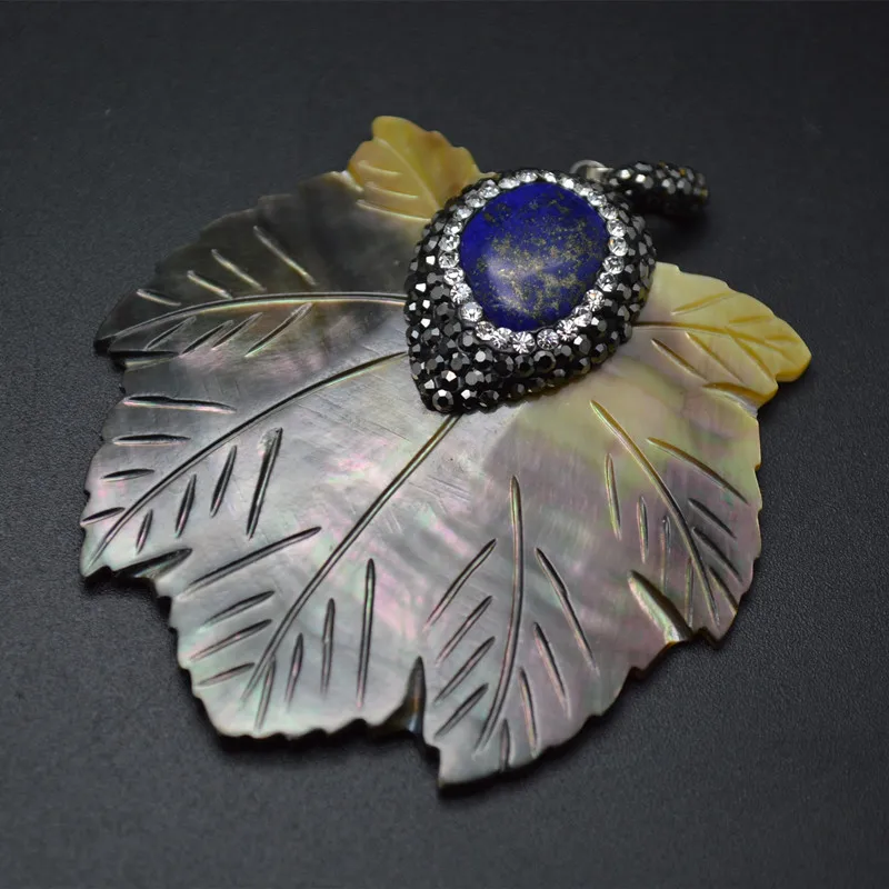 

Wholesale Big size Natural Shell Carved Leaf Shape Pendant Paved crystal beads and lapis cabochon fit Fashion Jewelry making
