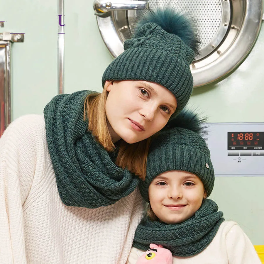 Winter Hat Scarf Set for Girls Raccoon Fur Pompoms Womens Beanies Fashion Knitted Ski Caps Ring Velvet Skullies Children |