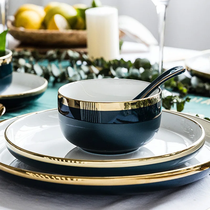 Керамическая обеденная тарелка с золотой инкрустацией, круглая обеденная тарелка, поднос для еды, тарелка с золотыми краями, посуда, обеденное блюдо, фарфоровый контейнер