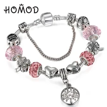 HOMOD Vintage Silver Charm Bangle & Bracelet with Tree of life Pendant & Pink Crystal Ball Brand Bracelet Dropshipping
