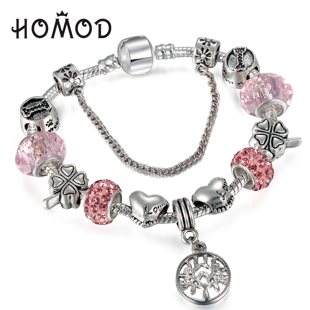 

HOMOD Vintage Silver Charm Bracelet with Tree of life Pendant & Pink Crystal Ball Fits Brand Bracelet For Women Party Jewelry