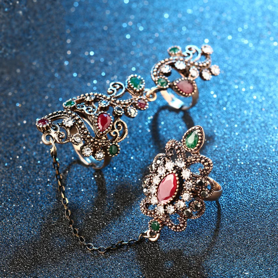 Turkish Double Finger Rings For Women Flower Ethnic Jewelry Multicolor Resin Vintage Mid Ring finger ring