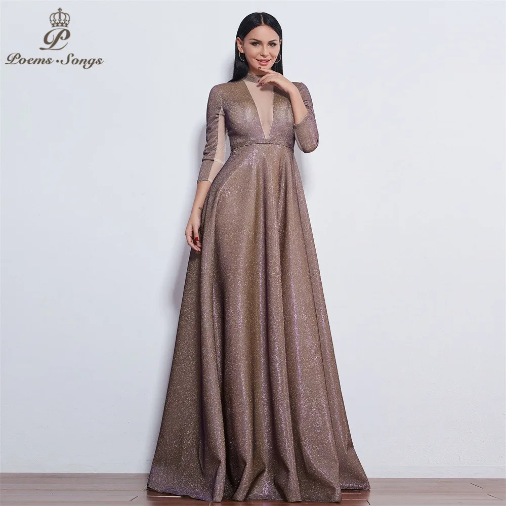 

Poems Songs 2019 New style reflective dress beautiful colorful Long sleeve Evening Dress prom gowns Formal Party dress