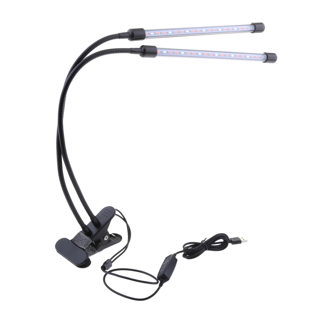 3/6/12h Timing LED Plant Grow Light Hydroponics 20W Dual Head Flower Lamp Tubes Lights USB