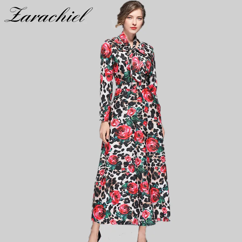 

2019 Runway Designer Maxi Dresse Women's Long Sleeve Leopard Print Rose Floral Elegant Bow Collar Long Dress Party Holiday Dress