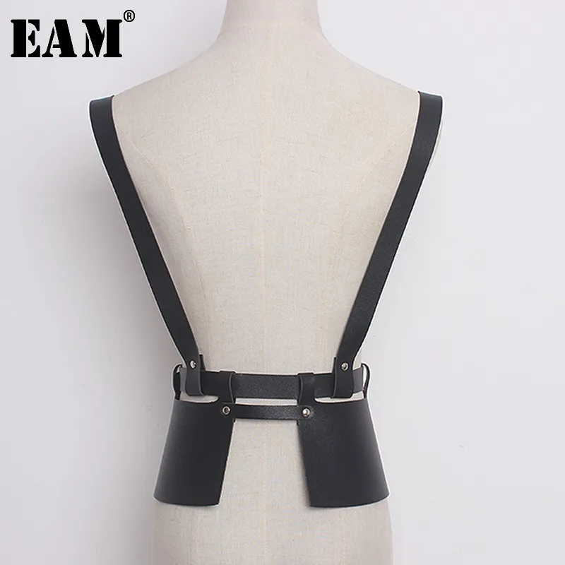 

[EAM] High Quality 2019 Summer Spring New Solid Color PU Leather Black Split Joint Loose Belt Women Fashion All-match Belt LA49