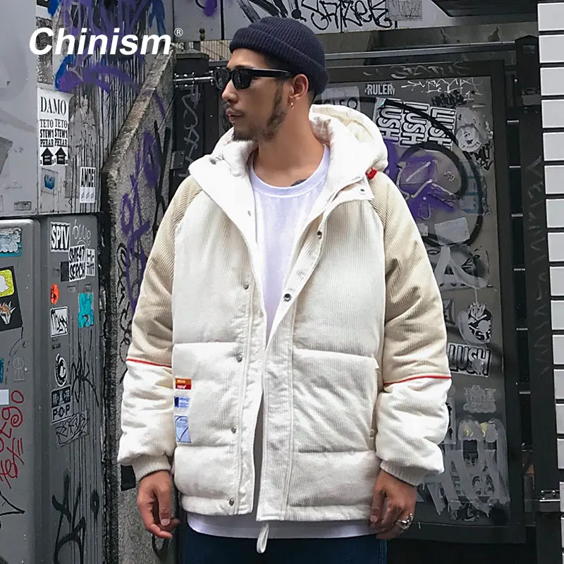 

CHINISM Conduroy Patchwork Hooded Parkas Mens Streetwear Hip Hop Outwear Coats 2018 Winter Warm Thick Hoodie Parkas