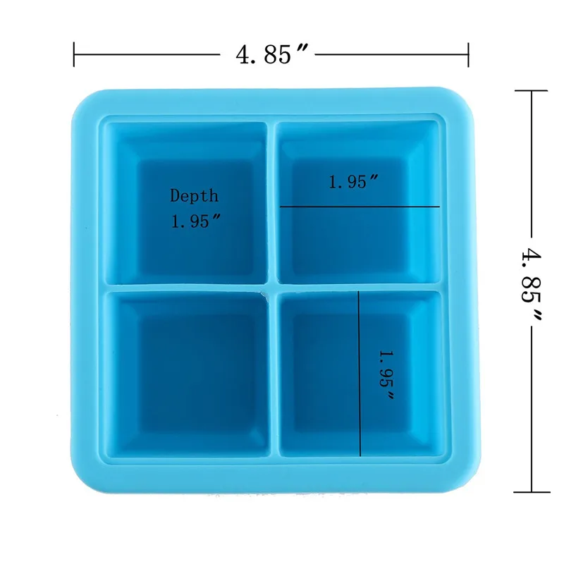 Multi-Purpose 4 Cube 2 Inch Jumbo Durable.Silicone Ice Cube Tray Mold with Lid for Baby Pruee, Herb,Ice Cube and Bakery