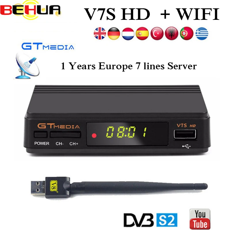 

2019 DVB-S2 Freesat V7 hd With USB WIFI FTA TV Receiver gtmedia v7s hd Support Europe cline Network Sharing satellite receiver