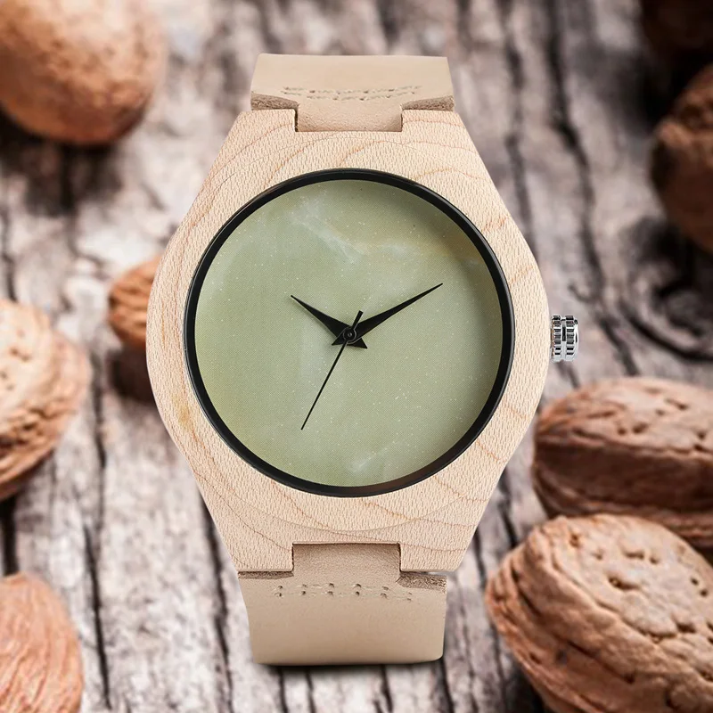 Light Green No Word Dial Wood Watch Whitening Bamboo Minimalist Analog Genuine Leather Novelty Clock Online Reloj de madera 2017 (4)