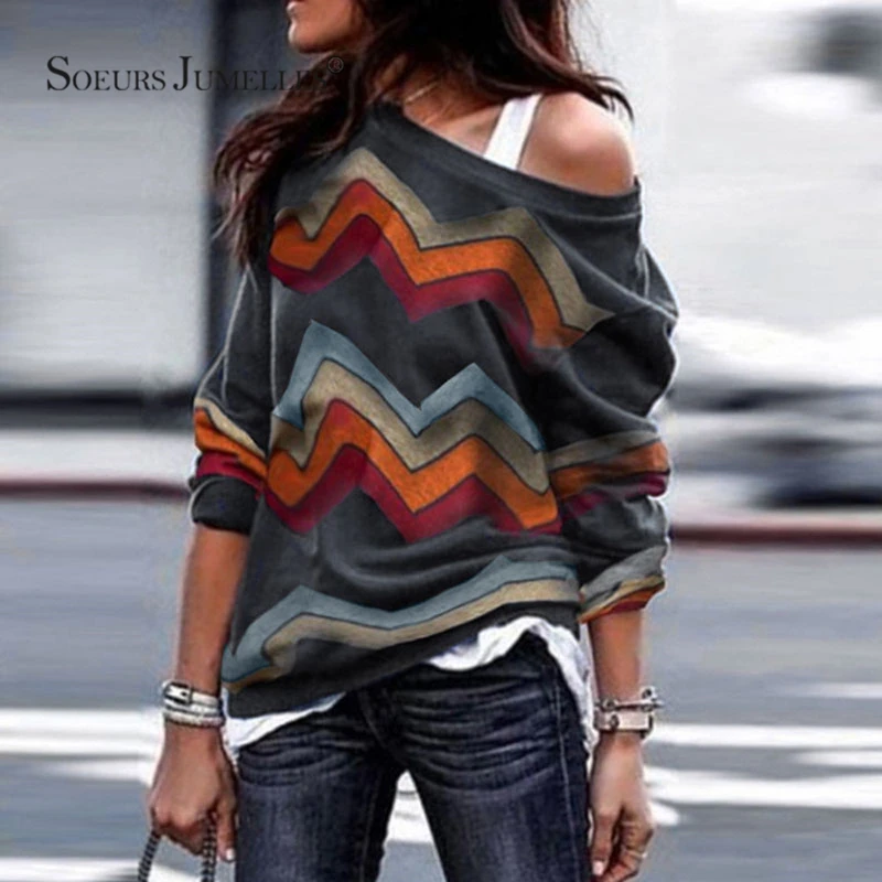 

Women Cotton Tshirt Fashion Geometric Striped Long Sleeve Tops & Tees Off-the-shoulder Loose Casual O-neck T Shirt 7428
