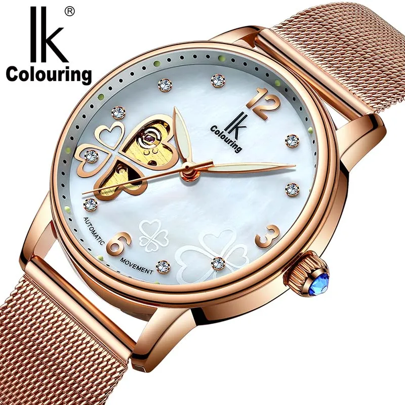 

Full Rose Gold Ladies Diamond Watches Mechanical Skeleton Automatic Watch Women Luxury Shell Dial Steel Mesh Band Clock Woman