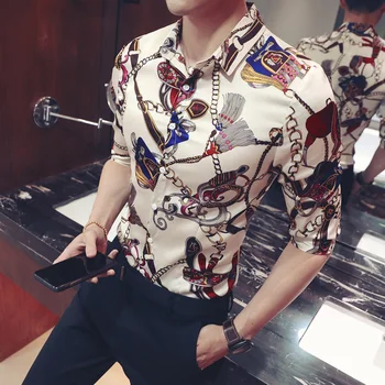 

Gold Keychain Floral Shirt Slim Men's Short Sleeve Shirt Camisa de hombre Party Club Dress Men's Brand Large Size Shirt 5XL
