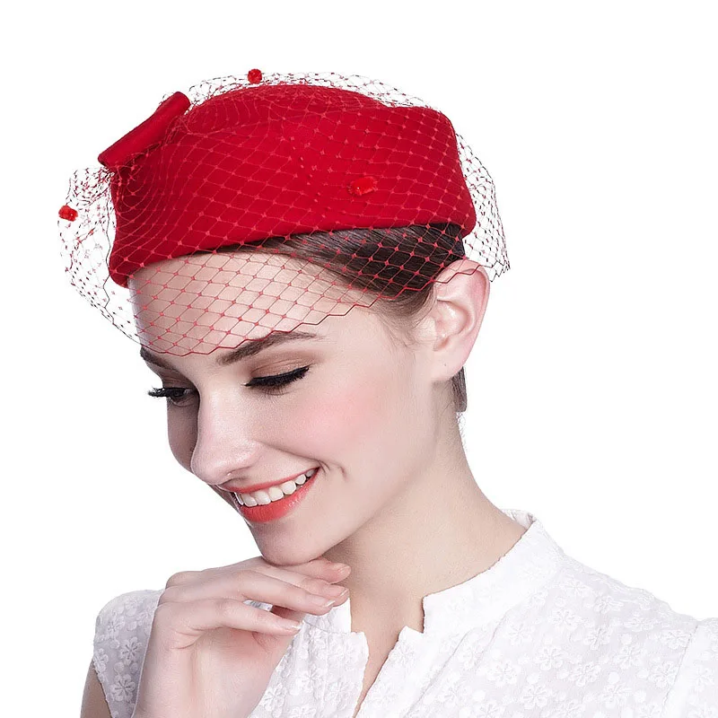 Классическая шерстяная фетровая шляпа с бантиком и вуалью для женщин, свадебная шляпа, женские вечерние головные уборы в стиле Дерби черного и белого цвета