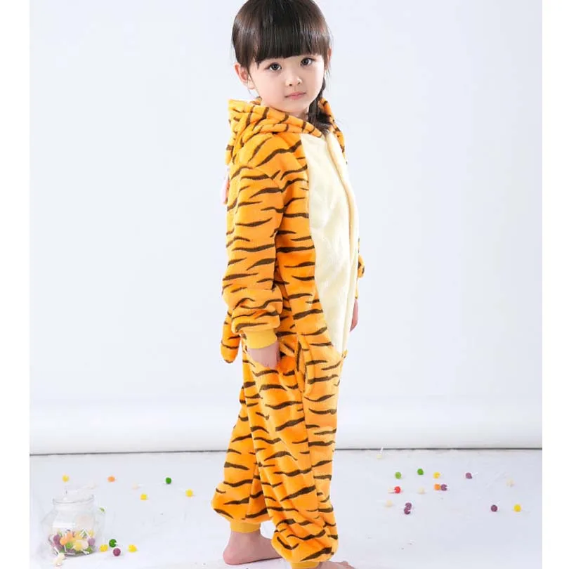 Tiger Costume Pajamas Cartoon Animal Cosplay Flannel Jumpsuit Kids Pijama Children Kigurumi Onesie Pockets Hooded Hips Zipper