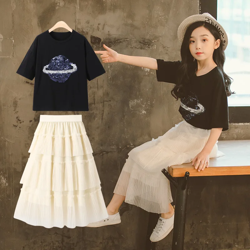 

Kids clothing sets Girls summer suit 2019 new Korean style two-piece summer set Fashion Tshirts and Skirt suit Age for 5-13y