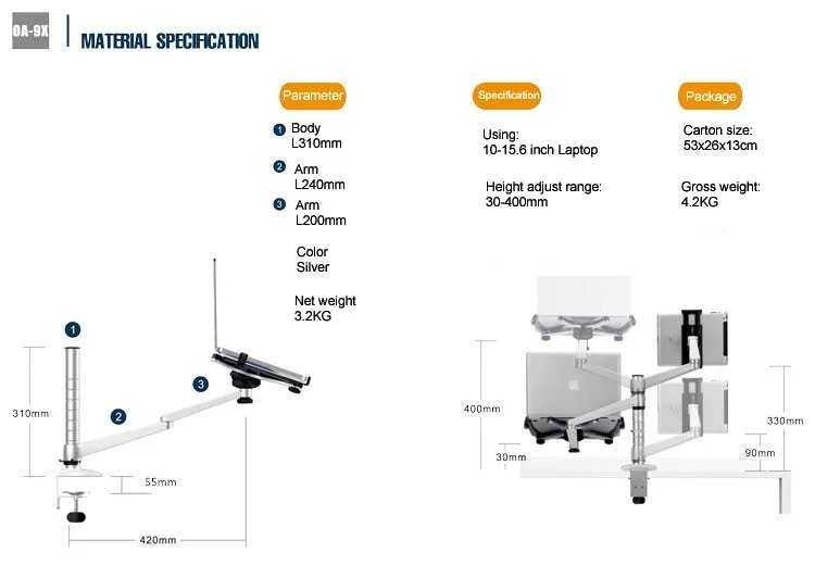 OA-9X Рабочий стол полный движения двойная рука ноутбук+ планшетный ПК стенд вращающийся держатель для ноутбука 10-15 дюймов и всех планшетных ПК 7-10 дюймов