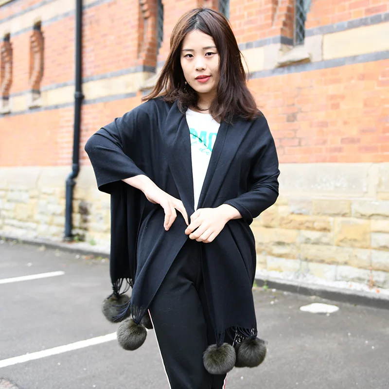 CX-B-P-31D Fancy Design Luxury Women Cashmere Shawl With Fox Fur Ball |