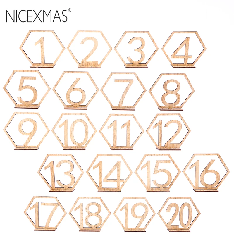 

NICEXMAS 20pcs Hexagon 1-20 Wooden Table Numbers with Holder Base for Wedding Table Party Home Decoration