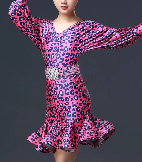 Латинское платье для танцев с длинными рукавами и леггинсы для девочек, леопардовая расцветка, конкурсное выступление платья Дети, ча-ча, Румба Практика танцевальная одежда DNV11235 - Цвет: As Picture