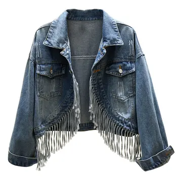 

Spring autumn tassel denim jacket women loose short bat sleeve jeans coat