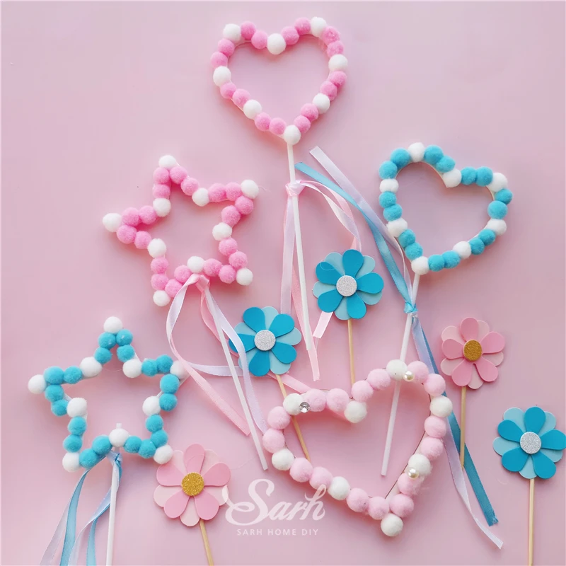 

Bling Blue Heart Star Cake Toppers Tassel Happy Birthday Decorations for Wedding Children's Day Party Supplies Sweet Gifts