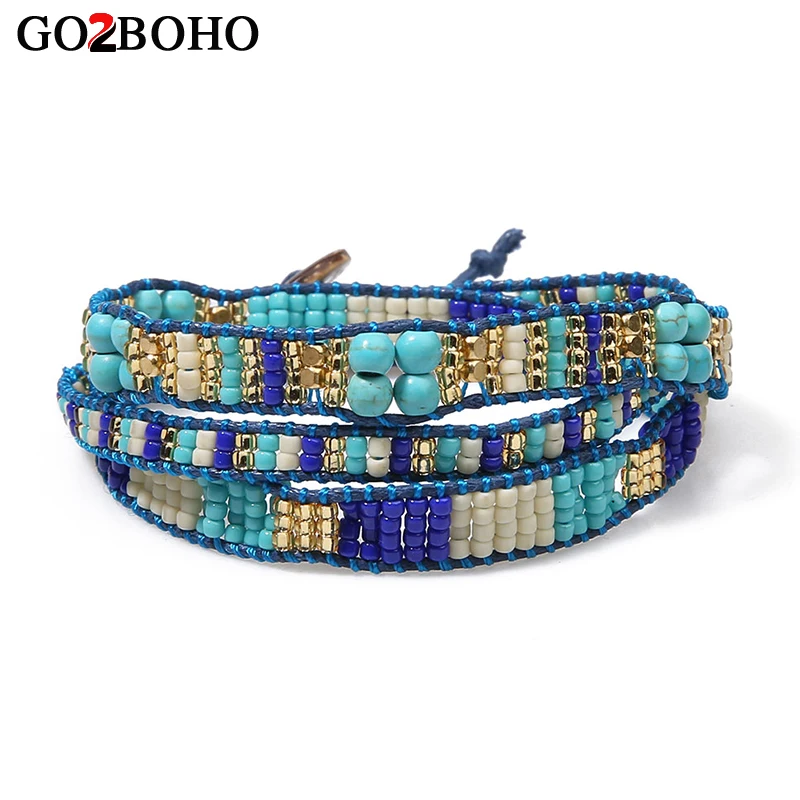 Beste Go2boho Lederen Touw Brede Armbanden Vriendschap Rocailles Geweven Kralen Verklaring Armband voor Vrouwen Mode Manchet Armband Bileklik