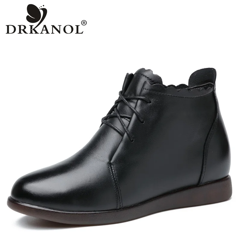 

DRKANOL Winter Shoes Women Boots Genuine Leather Plush Flat Warm Ankle Snow Boots Female Botas Mujer Black Casual Short Boots