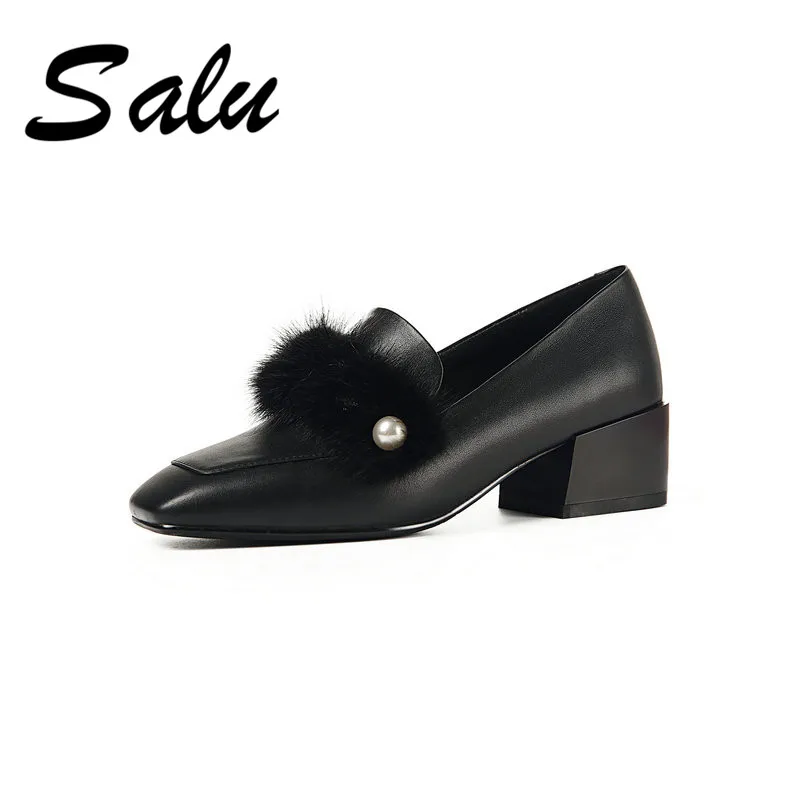 

Salu 2019 Women Pumps Shoes Square Med Heels Genuine leather Sweet Style Sandals Fashion Slip on square Toe Shoes Pumps Women