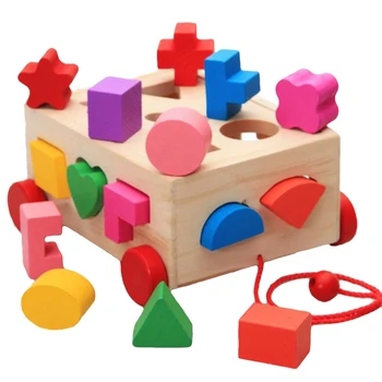 

Baby Block Match Learning Educational Wood Toy 15 Holes Geometry Shape Intelligence Box Trailer Early Learn Interactive Toy Car
