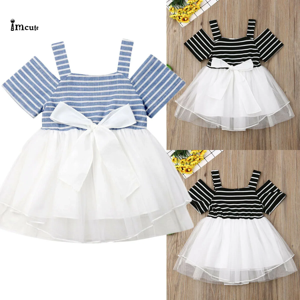

Toddler Infant Kid Baby Girls Summer Strapless Shoulder Dress Princess Wedding Stripe Pageant Wedding Party Tutu Outfits Dresses