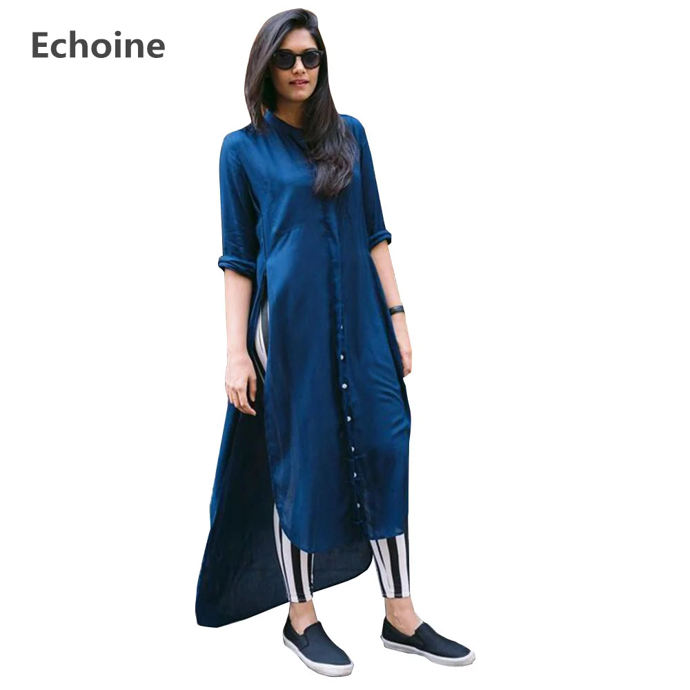 

Autumn Women Denim Blue Long Shirt Dress Loose Casual Split Short Before Back Long Single-breasted Shirt Dresses Streetwear