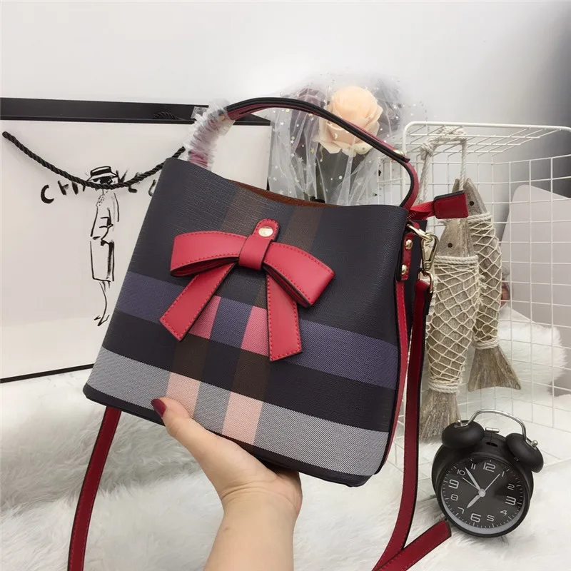 

2019 New Bow Panelled Bucket High Quality Genuine Leather Women Purses and Handbags Fashion Shoulder Messenger Bags Sac A Main