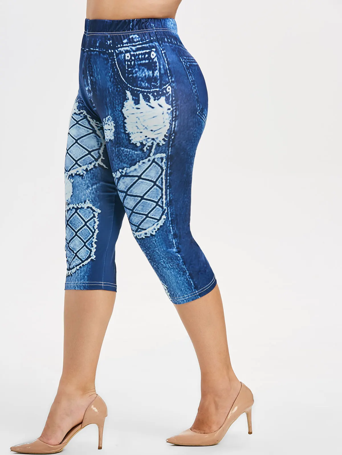 

Wipalo Plus Size 3D Destroyed Jean Print Cropped Leggings Summer Leggings High Elastic Waist Skinny Women Trousers 2019