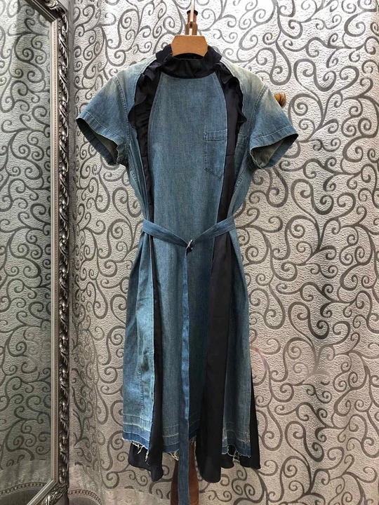 

2019 Summer New Women's Round Neck Irregular Ear Stitching Belt Received Jean Dress 711